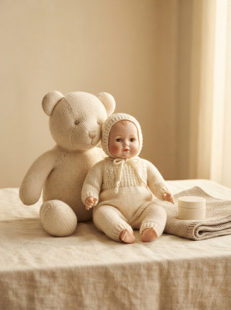 Muñeca española de punto junto a un osito de peluche crema