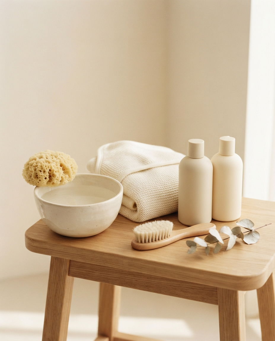 Taburete de madera con cuenco, esponja natural, capa de baño y cosmética