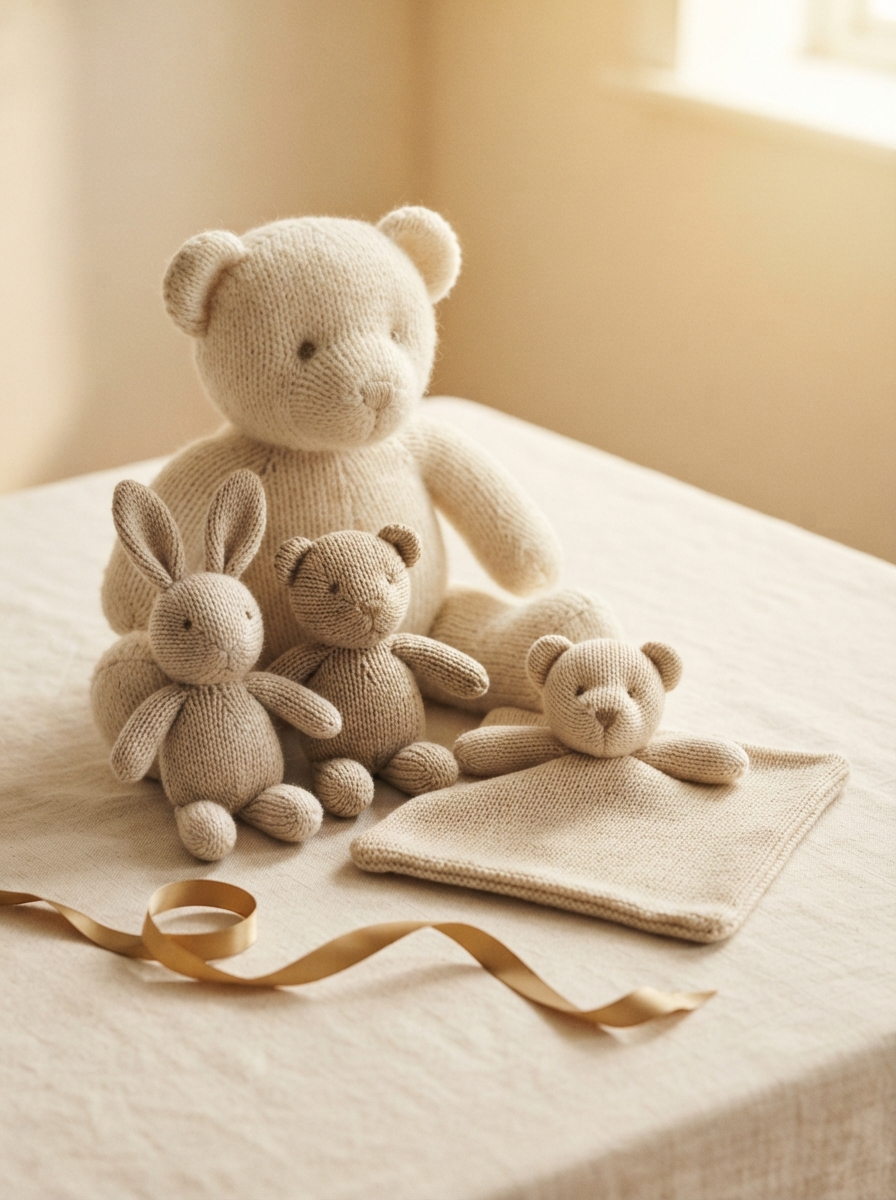 Colección de peluches de punto en tonos crema con lazo dorado