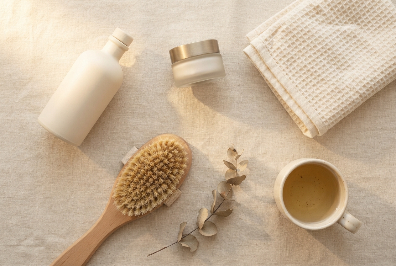 Set de cuidado postparto: aceite corporal, crema, toalla y cepillo